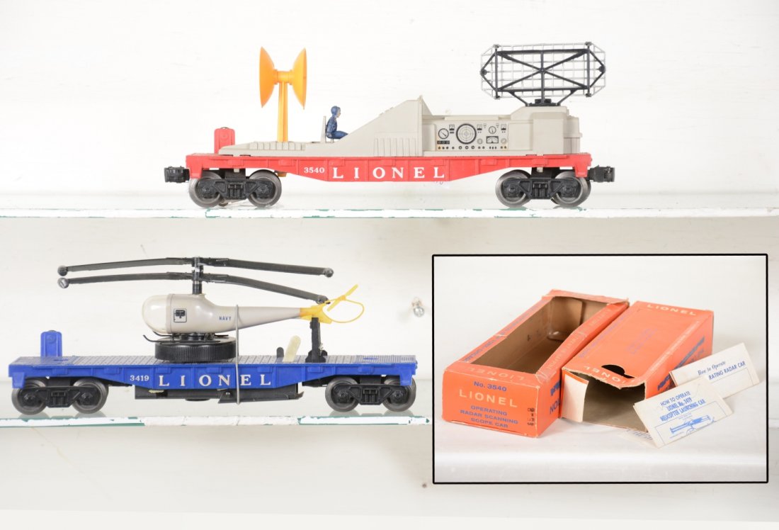 Boxed Lionel 3419 & 3540 Space Cars: Includes an early 3419 operating helicopter car with dual blade copter, large winder and blackened super structure; 3540 radar car. They both show light runtime with instructions and worn boxes, C8
