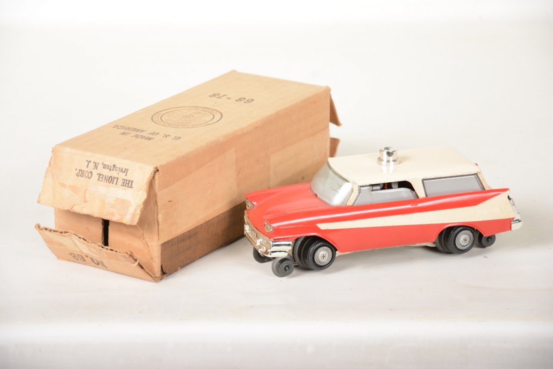Boxed Lionel 68 Inspection Car: Fairly clean and intact with small rub on dome light. The bumper chrome is nice and it shows light to moderate playwear with 1 insert and clean box, opened from both sides, C6+