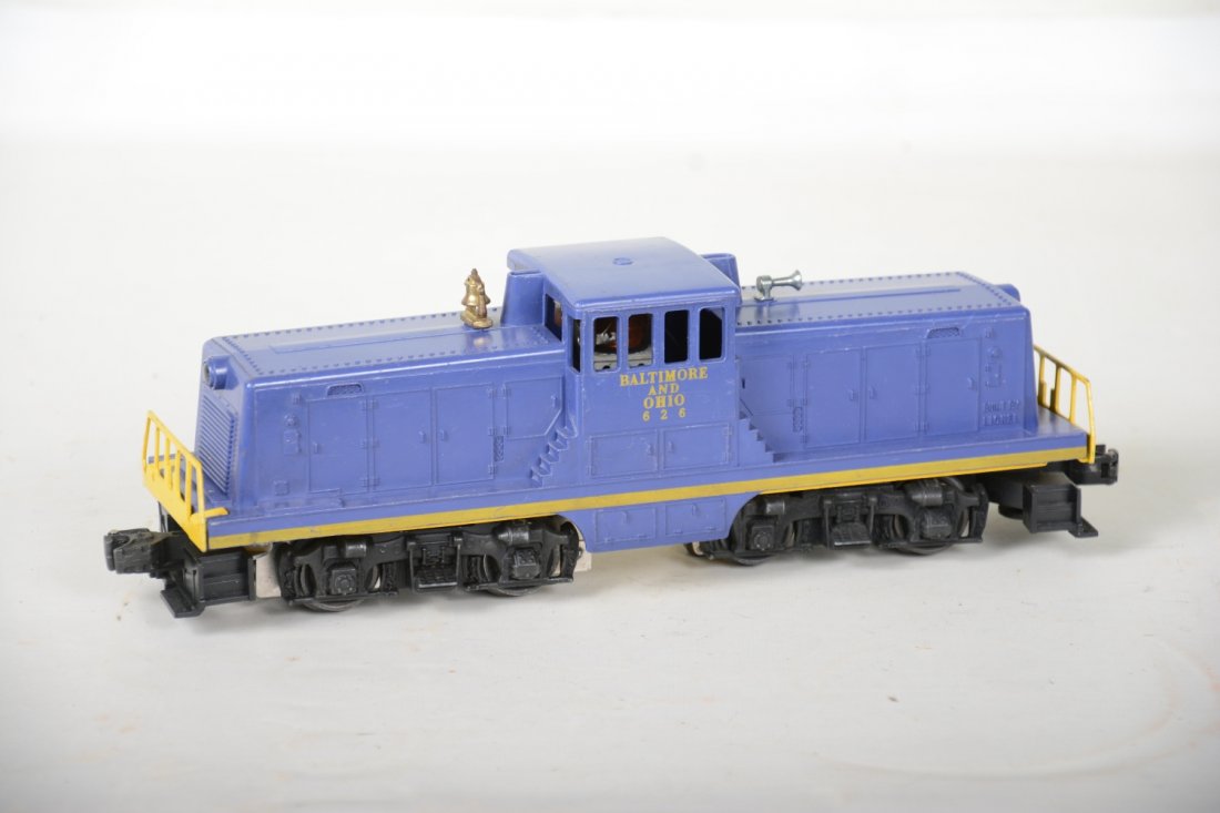 Clean Lionel 626 B&O 44 Ton Diesel: Toughest of the series to find. This example has a nice stripe and shows light to moderate playwear with repro box, C7