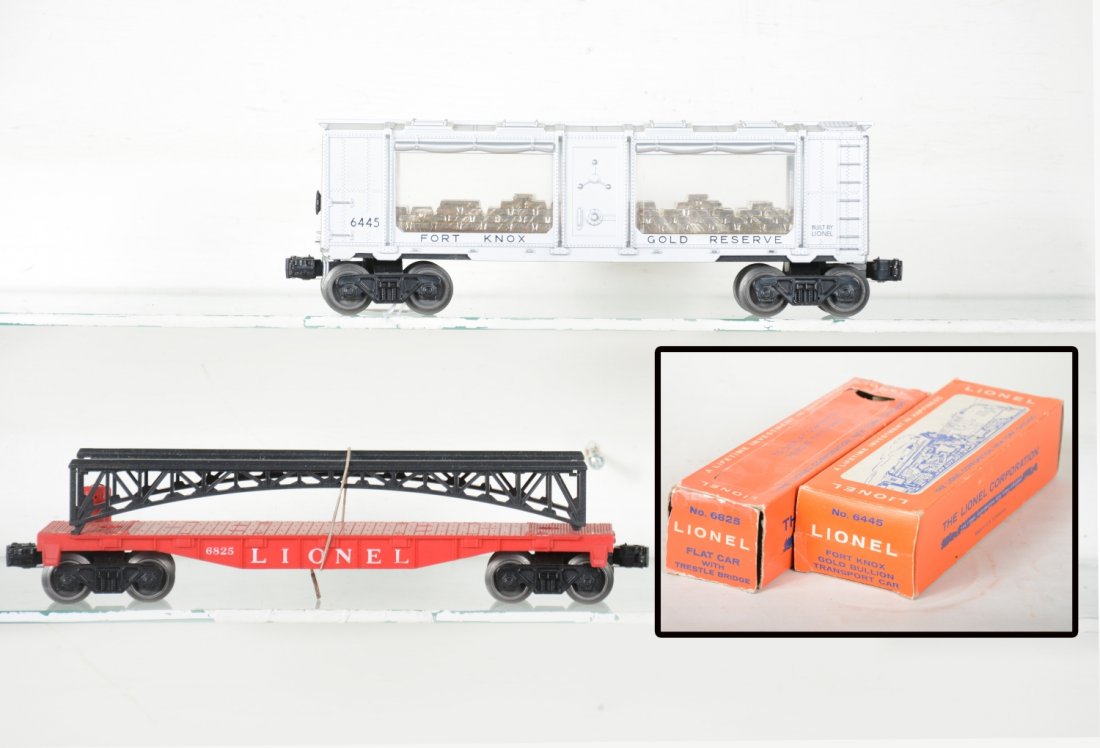 LN Boxed Lionel 6445 & 6825 Freight Cars: Includes a 6445 fort Knox bank car with beautiful silver; 68125 flat with bridge. They show light runtime with taped boxes, C9