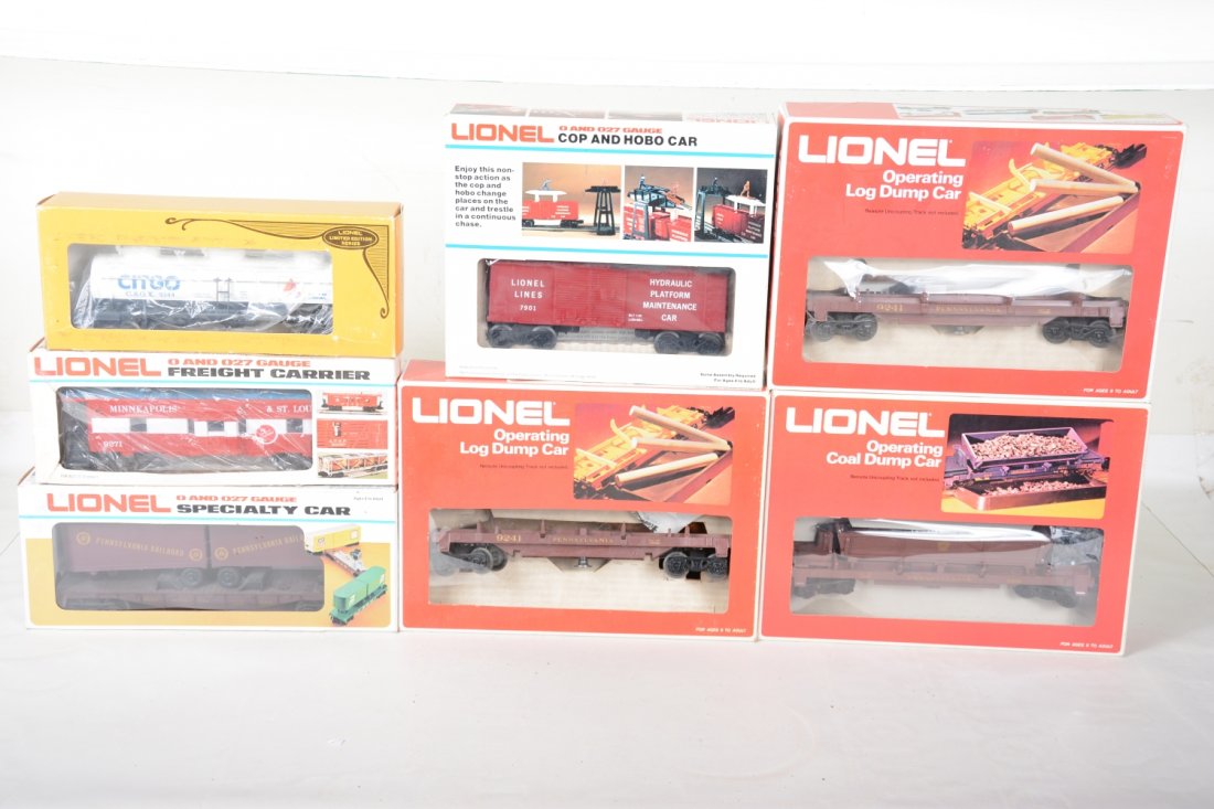 Lionel MPC Freight Cars: Includes 2 #9241 PRR log dump cars; 9398 PRR coal dump car; 7901 cop & hobo car; 16303 PRR piggy-back flat; 9184 Erie bay window caboose; 9344 Citgo tank car; 9271 M&StL bay window caboose. All show l