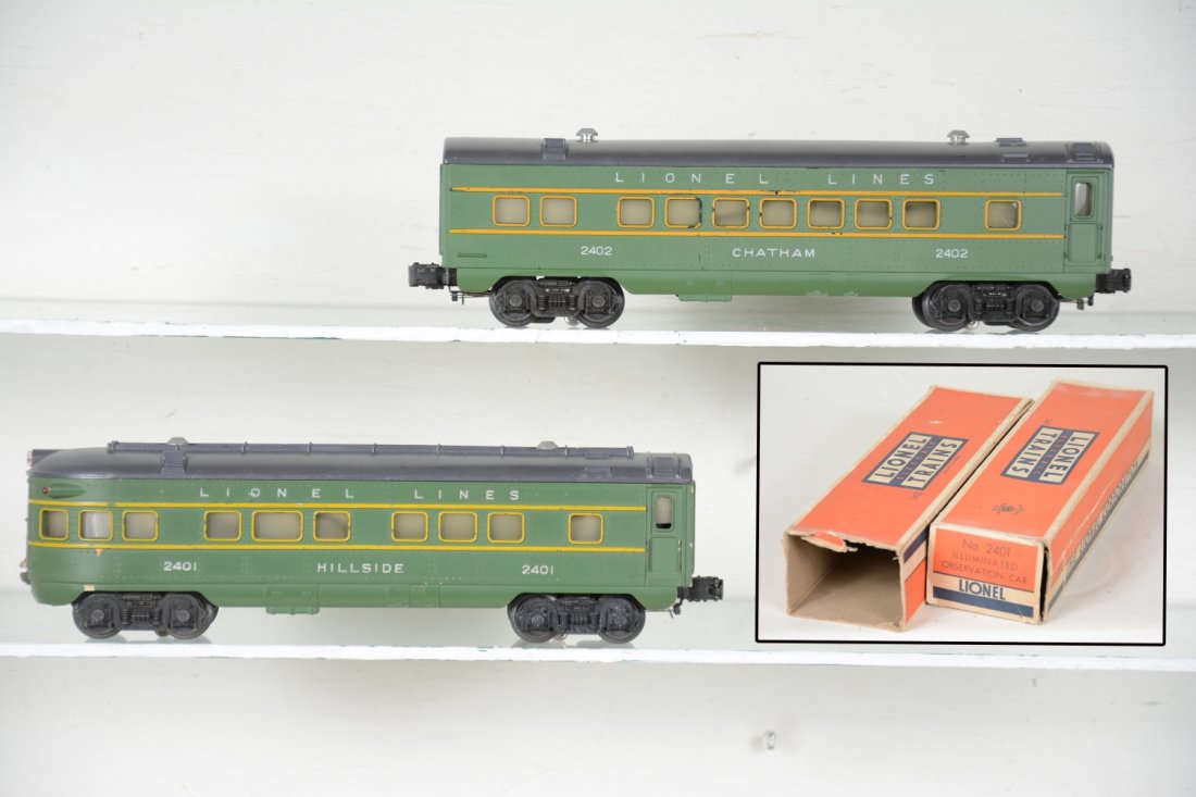 Boxed Lionel 2402 & 2401 Passenger Cars: Includes a 2402 Chatham Pullman, ob C7+; 2401 Hillside observation, chip in skirt 1 side, showing moderate playwear with box, C5