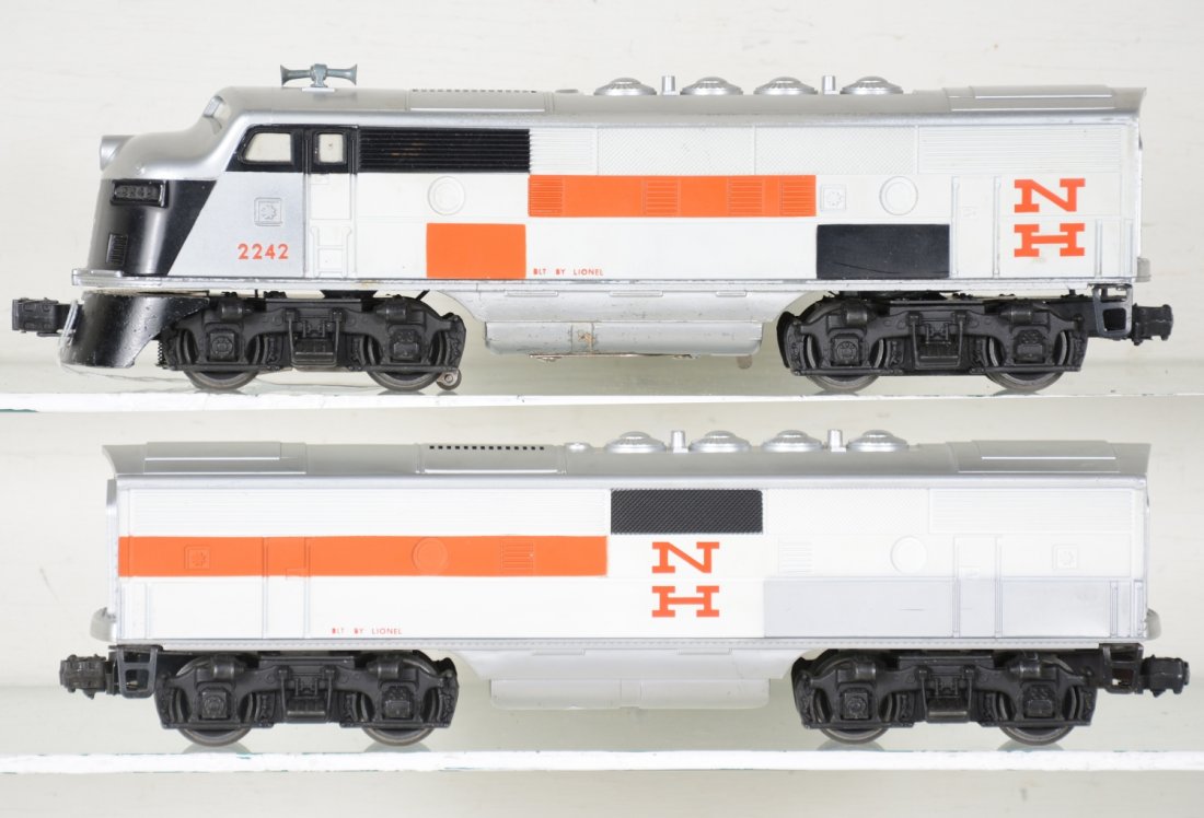 Lionel 2242 NH F3 AA Diesels: Nice bright, matching shells. The power frame has some battery damage. They show light runtime, shells C7