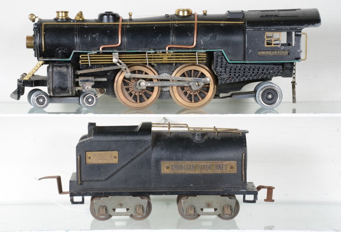American Flyer 4673 Steam Locomotive: Standard gauge. Top of the line steam loco for AF. This example has good castings. It is missing a side rod and part of the bell mechanism. The wheels have been redone in brass, and it has a matte pat