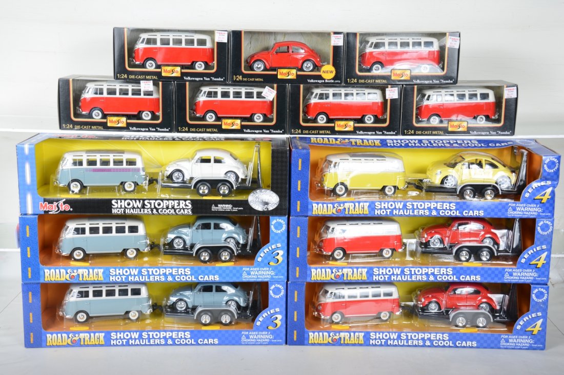 13 Miasto VW Diecast Cars & Sets: Includes 6 VW Busses with trailers and Beetles; 6 separate sale VW busses and separate sale VW Beetle. All are new in boxes, C10. See photo for inventory.