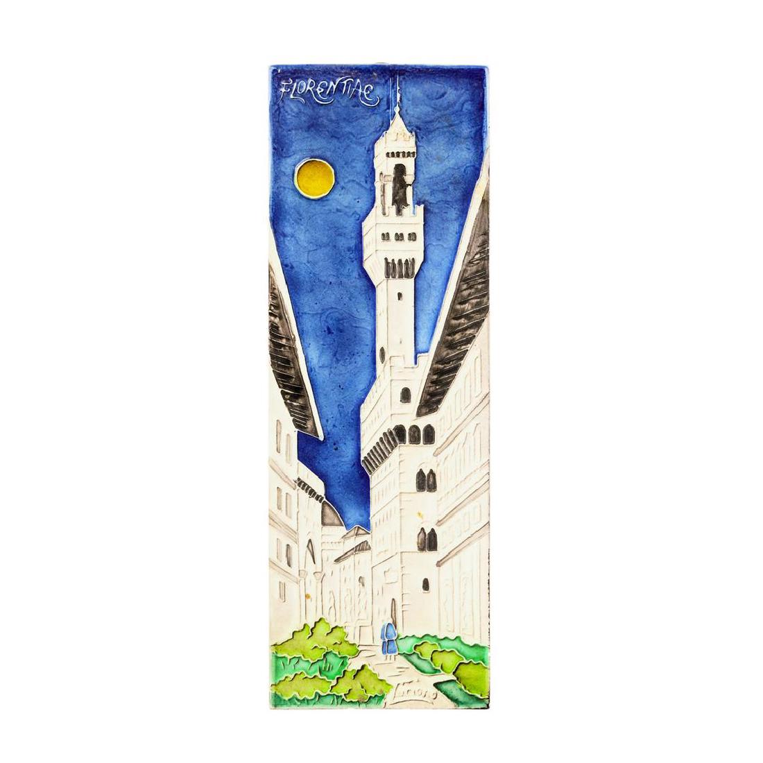 Creazioni Luciano Hand painted Tile: This hand painted Creazioni Luciano tile features a European walkway through a tower lined town. Beautiful colors of blue, green, and cream. Two figures shown. This art tile measures 5 1/4 inches by 1