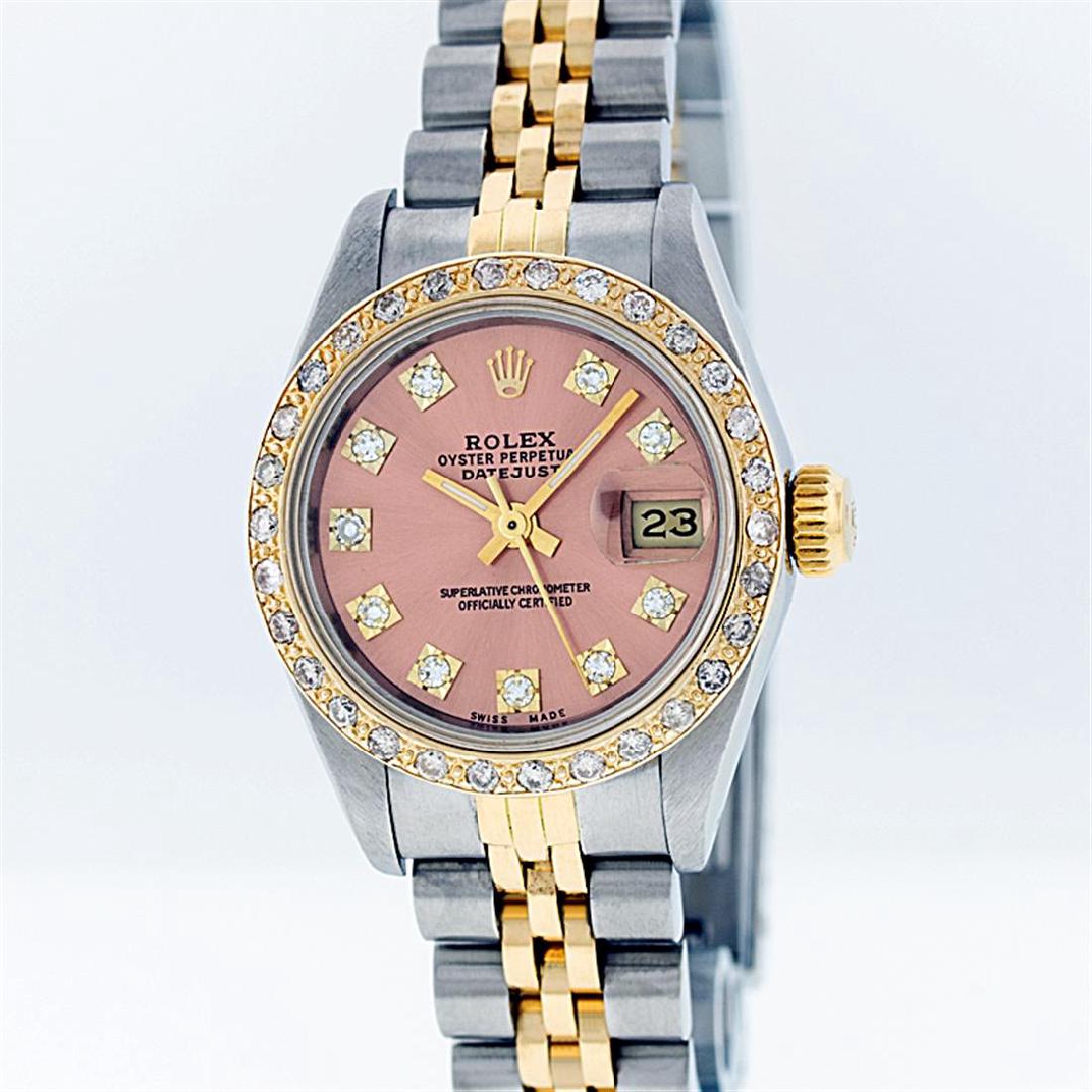 Rolex Two-Tone VVS Salmon Diamond DateJust Ladies Watch: One Ladies Two Tone Rolex Datejust Polished, Serviced & Electronically Tested, 14K Yellow Gold & Stainless Steel Case:26mm, 14K Yellow Gold Crown, Custom Bezel: 18K Yellow Gold Beadset Diamond Bezel,