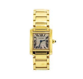 Ladies Cartier 18KT Yellow Gold Tank Francaise Watch: One ladies, Cartier Tank Francaise wristwatch electronically tested 18KT yellow gold, Case: 25 x 20mm, Swiss & Cartier Hallmarked Case Back: secured by four set screws, engraved with the manufacturer'