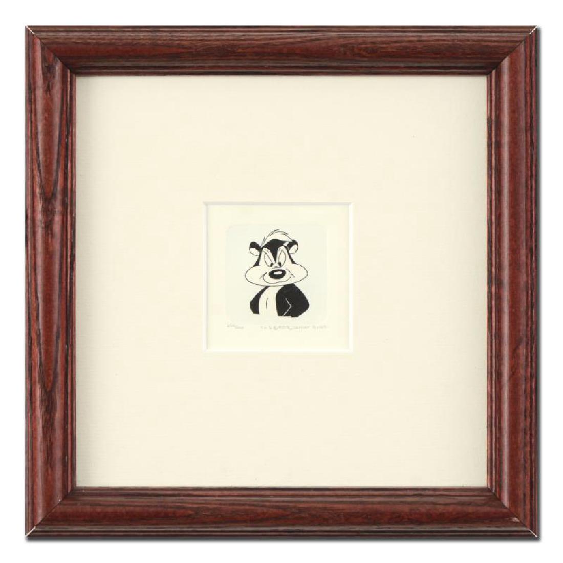 Pepe Le Pew by Looney Tunes: "Pepe Le Pew" is a limited edition etching on paper with hand-tinted coloring from Warner Bros, numbered and dated 1999. This piece comes framed. Measures approx. 8.5" x 8.5" (with frame), 1" x 1.5" (