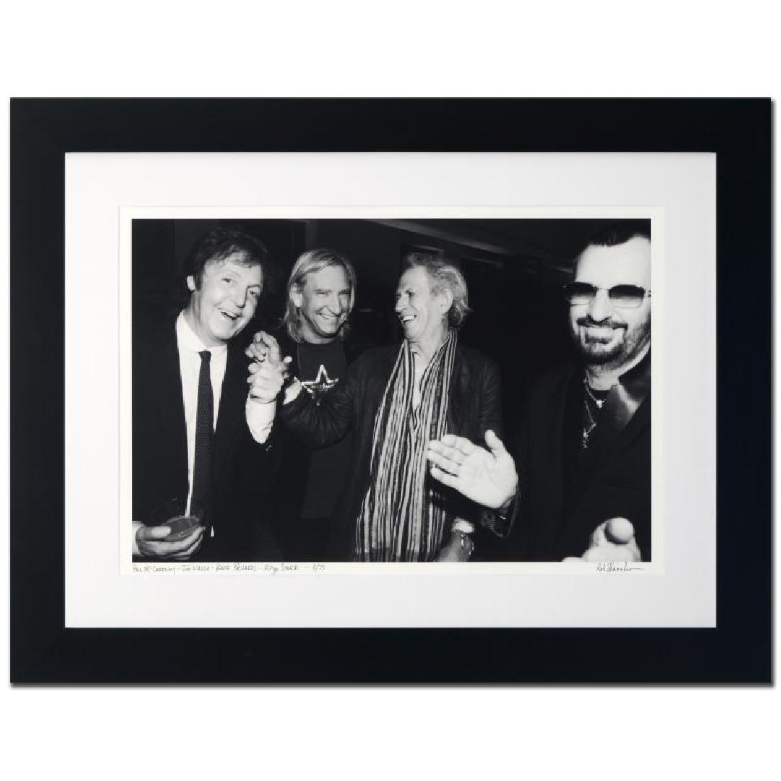 Paul McCartney, Joe Walsh, Keith Richards & Ringo Starr: "Paul McCartney, Joe Walsh, Keith Richards & Ringo Starr" is a limited edition giclee on paper by Rob Shanahan, numbered and hand signed by the artist! Includes Certificate of Authenticity! Measures a