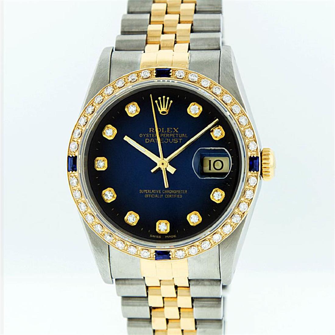 Rolex Two-Tone Diamond Blue Vignette and Sapphire: One Mens Two Tone Rolex Datejust Polished, Serviced & Electronically Tested, 14K Yellow Gold & Stainless Steel Case:36mm, 14K Yellow Gold Crown, Custom Bezel: 18K Yellow Gold Sapphire Beadset Diamond