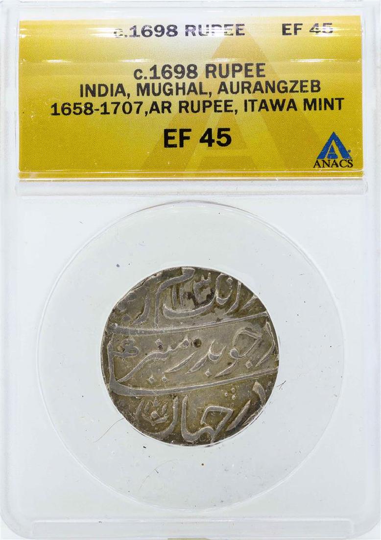 c.1698 India Rupee Mughal Coin ANACS EF45: One c.1698 India Rupee Mughal Coin ANACS EF45. ANACS Appraised.