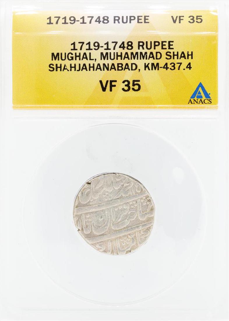 1719-1748 Rupee Mughal Muhammad Shah Shahjahanabad: One 1719-1748 Rupee Mughal Muhammad Shah Shahjahanabad KM-437.4 Coin ANACS VF35. ANACS Appraised.