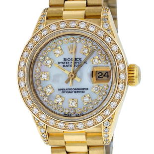 Rolex 18KT Gold President Diamond Quickset Ladies Watch: One Ladies 18K Quickset No Hole Rolex President Polished, Serviced & Electronically Tested, 18K Yellow Gold Case: 26mm, 18K Yellow Gold Crown, Diamond Lugs: 16 Diamonds In Lugs, Color: G to H, Clarity