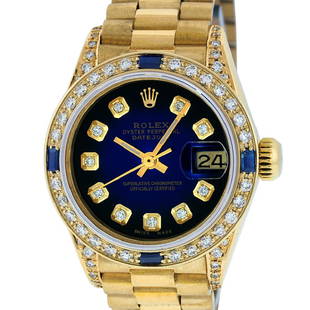Rolex 18KT Gold President Diamond and Sapphire Ladies: One Ladies Rolex President Polished, Serviced & Electronically Tested, Yellow Gold Case With Diamond Lugs: 26mm G to H In Color, SI1, Yellow Gold Crown, Custom Bezel: 18K Yellow Gold Sapphire Beadset