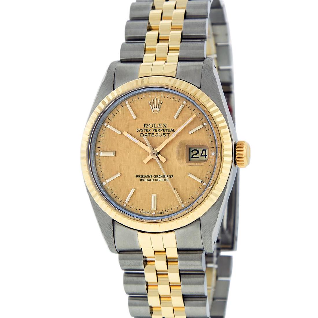 Rolex Two-Tone DateJust Men's Watch: One Mens Two Tone Rolex Datejust Polished, Serviced & Electronically Tested, 14K Yellow Gold & Stainless Steel Case: 36mm,14K Yellow Gold Crown, Bezel: 14K Yellow Gold Fluted Bezel. Custom Crystal: Ac