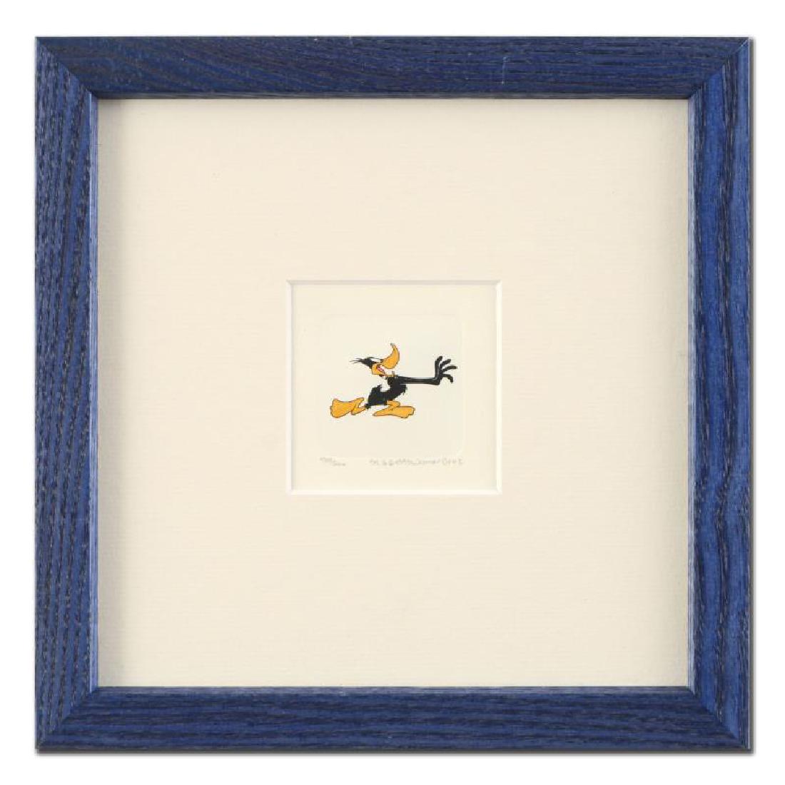 Daffy Duck (Running) by Looney Tunes: "Daffy Duck (Running)" is a limited edition etching on paper with hand-tinted coloring from Warner Bros, numbered and dated 1999. This piece comes framed. Measures approx. 8.5" x 8.5" (with frame), 1.