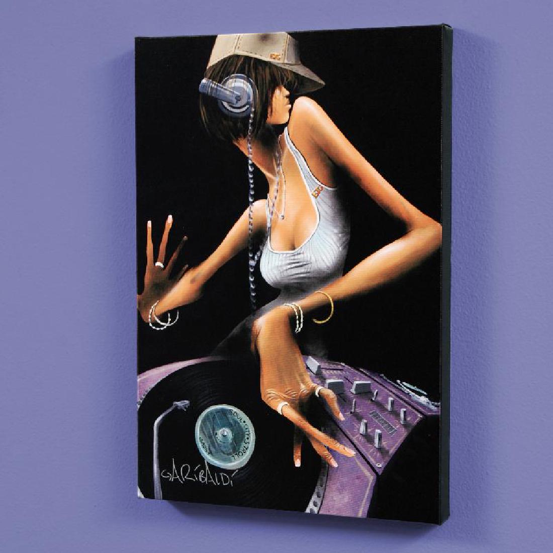 DJ Free by Garibaldi, David: Combining his passions for music and art, David Garibaldi creates visual poetry! "DJ Free" is a limited edition giclee on stretched canvas, CC numbered from the miniature series and bearing the artist