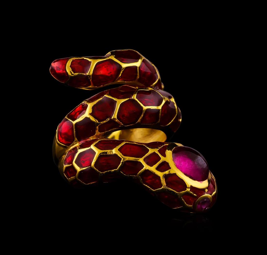 Sterling Silver Ring: One of a kind high fashion sterling silver Ring weighing 12.7 grams. Containing: Ruby, Red Enamel Inlay. This sterling silver promises a lasting shine.