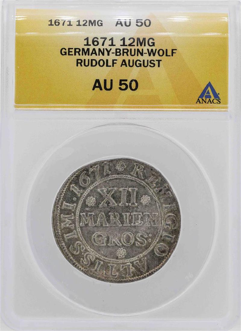 1671 Germany-Brun-Wolf 12MG Coin ANACS AU50: One 1671 Germany-Brun-Wolf 12MG Coin ANACS AU50. ANACS Appraised.