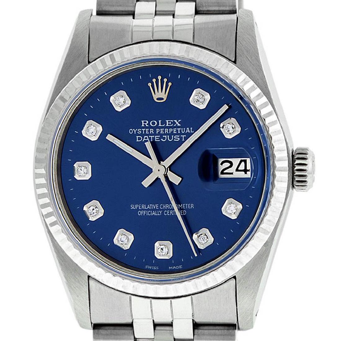 Rolex Mens Stainless Steel 36MM Blue Diamond Datejust: One Mens Stainless Steel Rolex Datejust Polished Bright with Satin Finish, Serviced & Electronically Tested, Stainless Steel Case: 36mm, Stainless Steel Crown, Bezel: New 14K White Gold Fluted Bezel.