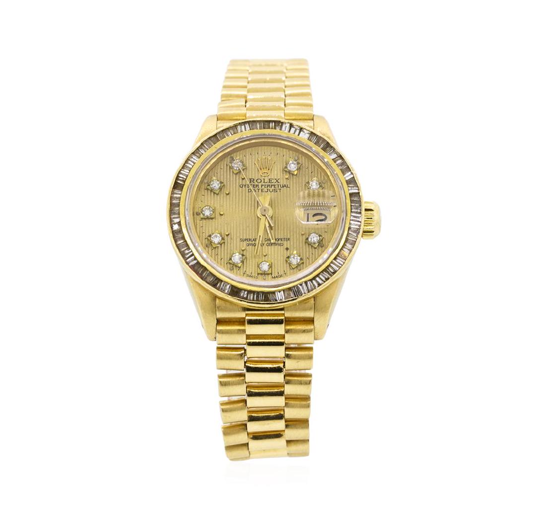 Rolex Ladies President Datejust Wristwatch: One ladies, hand crafted & machine milled Rolex Lady President the DateJust model wristwatch electro-chemically tested 18KT yellow gold. Circa: 1978, Case: 26mm oyster, Rolex Signature Crown: twinlock