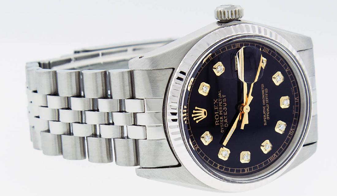 Rolex Mens Stainless Steel 36MM Black Diamond Datejust: One Mens Stainless Steel Rolex Datejust Polished, Serviced & Electronically Tested, Stainless Steel Case: 36mm, Stainless Steel Crown, Original Bezel: 14K White Gold Fluted Bezel. Custom Crystal: New