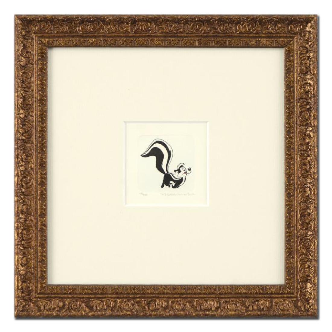 Pepe Le Pew by Looney Tunes: "Pepe Le Pew" is a limited edition etching on paper with hand-tinted coloring from Warner Bros, numbered and dated 1999. This piece comes framed. Measures approx. 9" x 9" (with frame), 1.5" x 1.5" (im