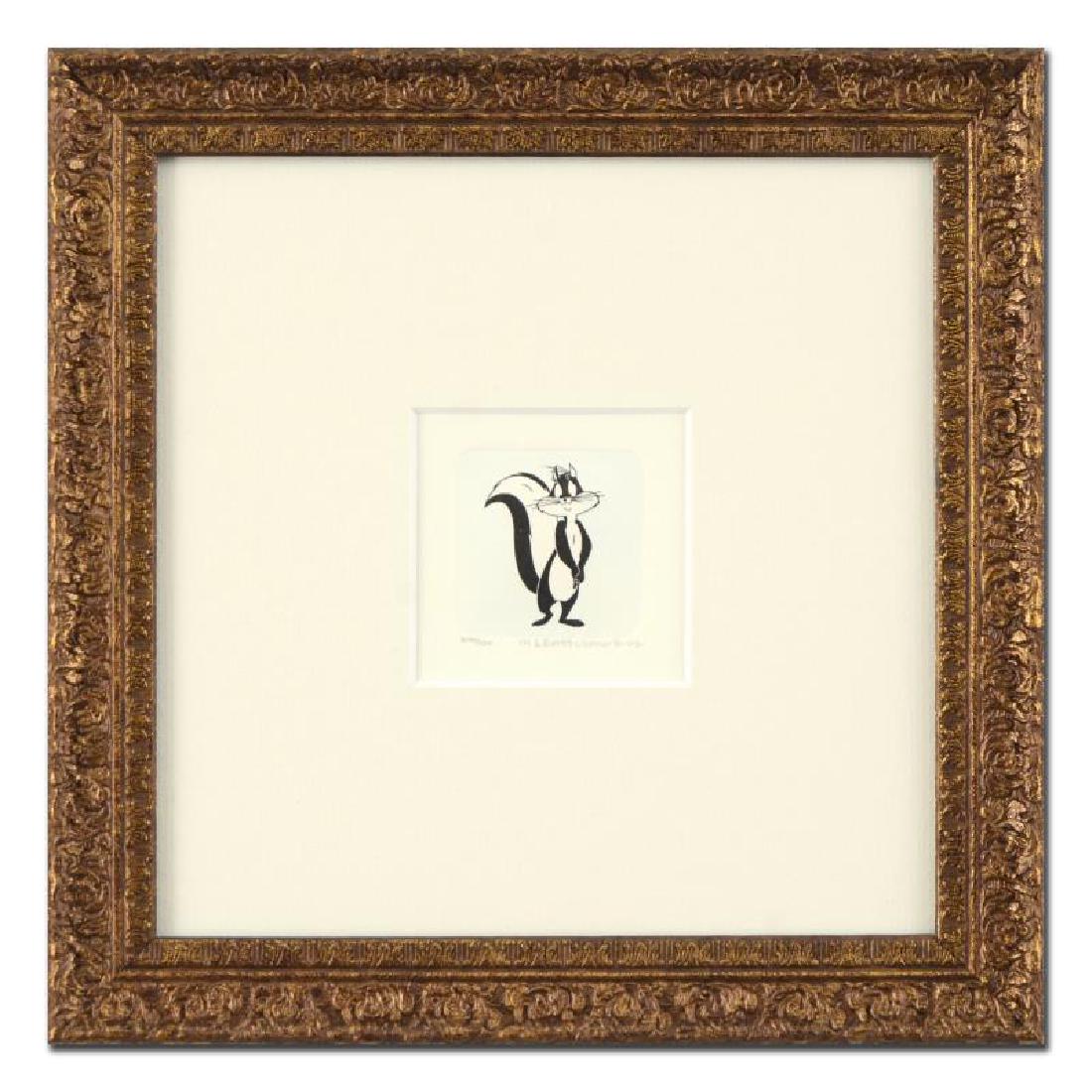 Penelope Pussycat by Looney Tunes: "Pepe Le Pew & Penelope Pussycat" is a limited edition etching on paper with hand-tinted coloring from Warner Bros, numbered and dated 1999. This piece comes framed. Measures approx. 9" x 9" (with fra