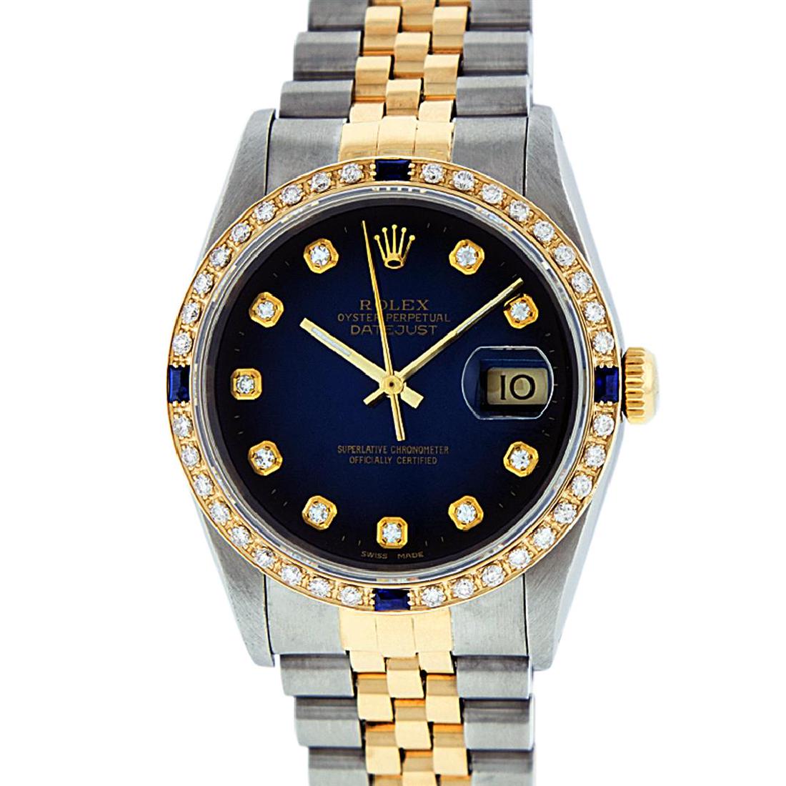 Rolex Mens 2 Tone 14K Blue Vignette Diamond & Sapphire: One Mens 14K Yellow Gold Two Tone Rolex Datejust Polished, Serviced & Electronically Tested, 14K Yellow Gold & Stainless Steel Case: 36mm, 14K Yellow Gold Crown, Custom Bezel: New 18K Yellow Gold Sapp