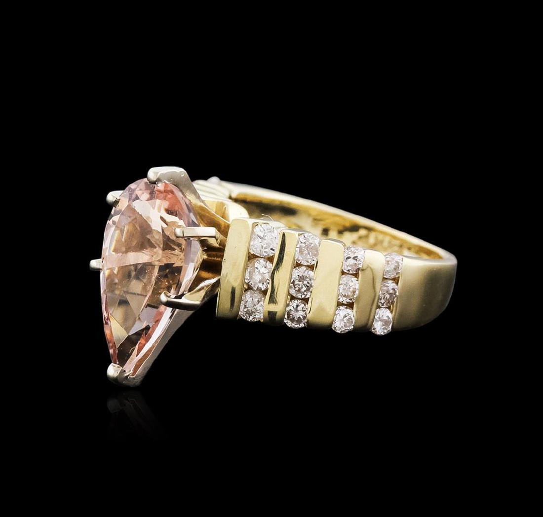 14KT Yellow and White Gold 3.18 ctw Morganite and: One ring featuring: 14KT yellow and white gold weighing 6.17 grams containing one pear cut morganite center weighing 3.18ct and round diamonds weighing a total of 0.50ct.
