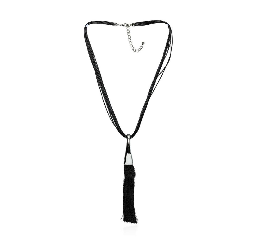 Silk Tassel Leather Necklace - Rhodium Plated: High end designer jewelry. Silk Tassel Leather Necklace - Rhodium Plated. Rhodium Plated Metal/3" Ext Clasp. Black/ Silver. 28/7.5inches. Total Weight: 55.5 grams.