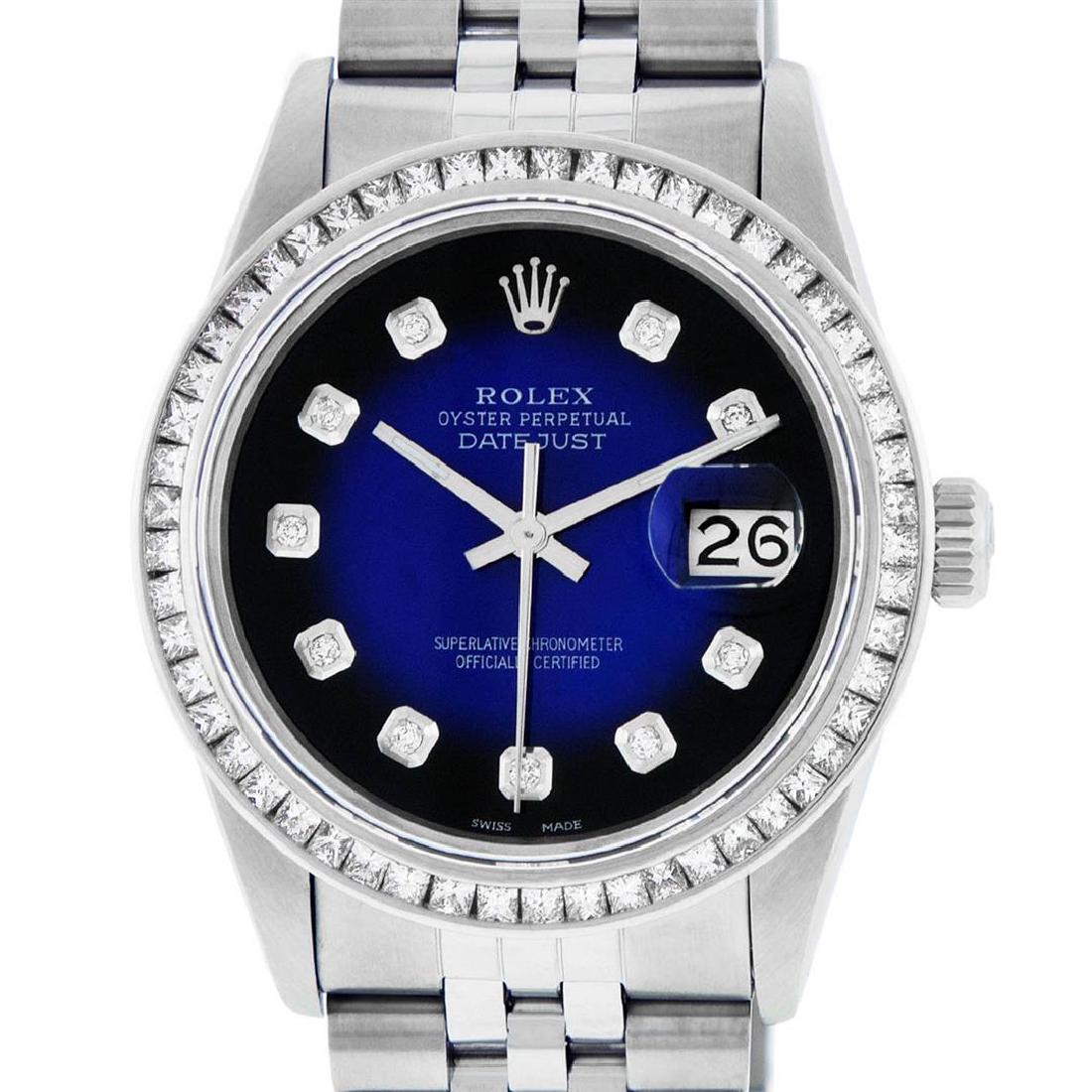 Rolex Mens Stainless Steel Blue Vignette Princess Cut: One Mens Stainless Steel Rolex Datejust Polished Bright with Satin Finish, Fully Serviced & Electronically Tested, Stainless Steel Case:36mm, Stainless Steel Crown, Custom Bezel: 14K White Gold 2.75 C