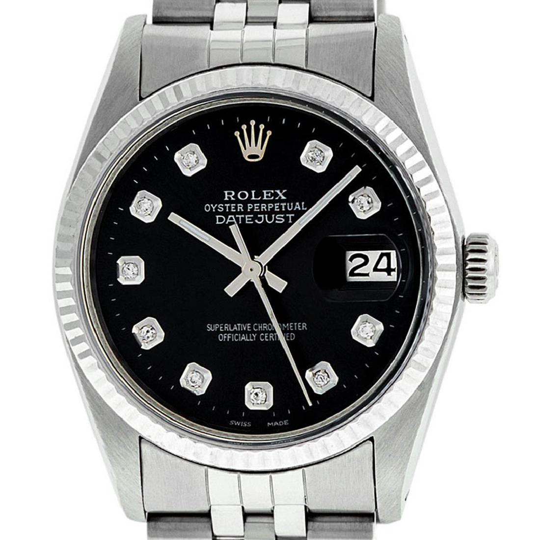 Rolex Mens Stainless Steel Black Diamond 36MM Datejust: One Mens Stainless Steel Rolex Datejust Polished Bright with Satin Finish, This Watch Has Been Serviced & Electronically Tested, Stainless Steel Case: 36mm, Stainless Steel Crown, Original Bezel: 14K