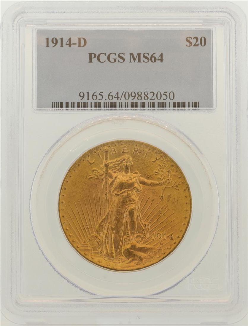1914-D $20 St. Gaudens Double Eagle Gold Coin PCGS MS64: One 1914-D $20 St. Gaudens Double Eagle Gold Coin. PCGS Certified.
