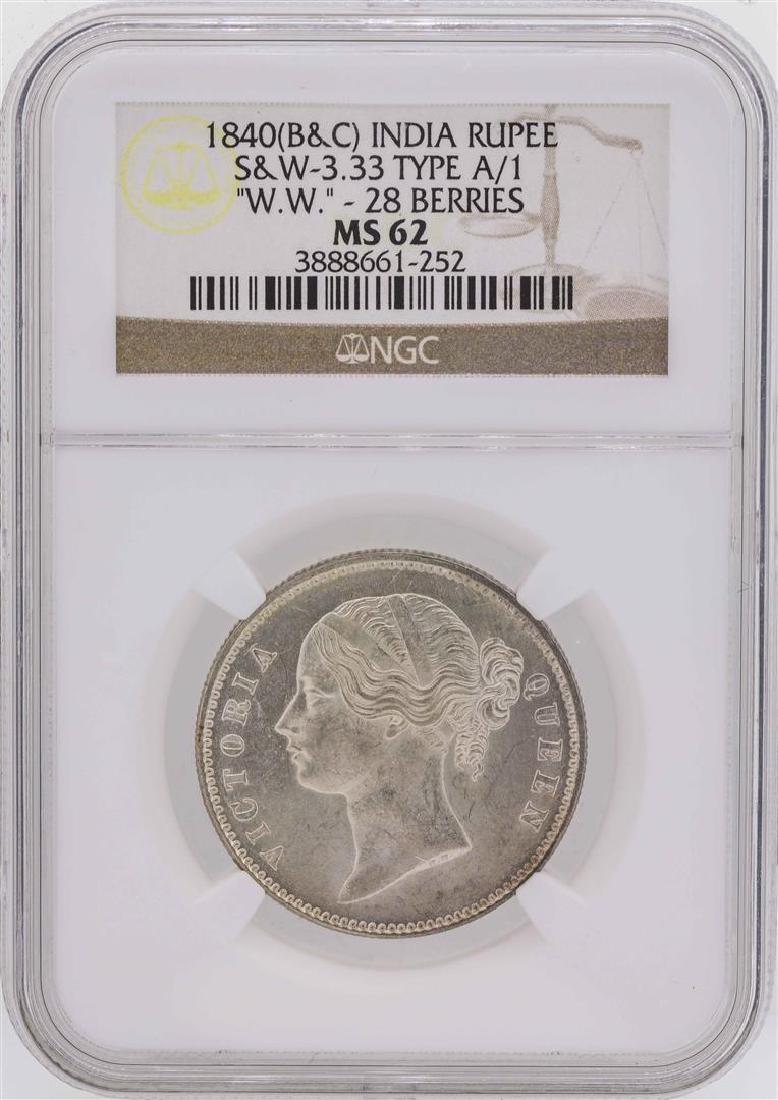 1840 (B&C) India Rupee Coin S & W 3.33 Type A/1 NGC: One 1840 (B&C) India Rupee Coin S & W 3.33 Type A/1 NGC MS62. NGC Certified.