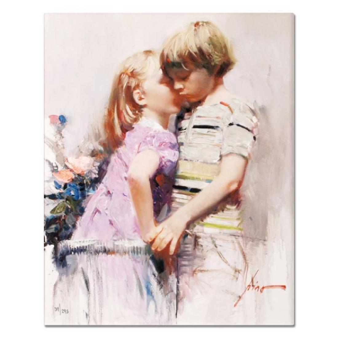 The Kiss by Pino (1939-2010): "The Kiss" is a limited edition giclee on stretched canvas that has been hand-embellished by Pino himself, Numbered and Hand signed by Pino (1939-2010). Includes Certificate of Authenticity. Measures