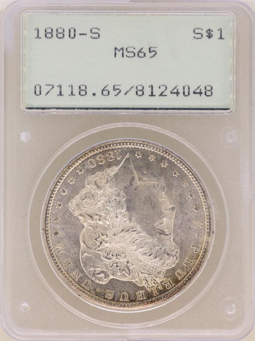 1880-S $1 Morgan Silver Dollar Coin PCGS MS65 Old Green: One 1880-S $1 Morgan Silver Dollar Coin PCGS MS65 Old Green Rattler. PCGS Certified.
