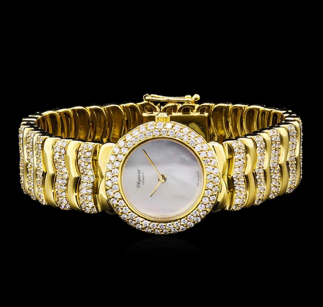 Chopard 18KT Yellow Gold 5.00 ctw Diamond Ladies Watch: One ladies, Chopard Diamond wrist watch electronically tested 18KT yellow gold, Case: 23mm, Case Back: space available for engraving, Crown: scalloped, Bezel: diamond set, Crystal: synthetic sapphire,