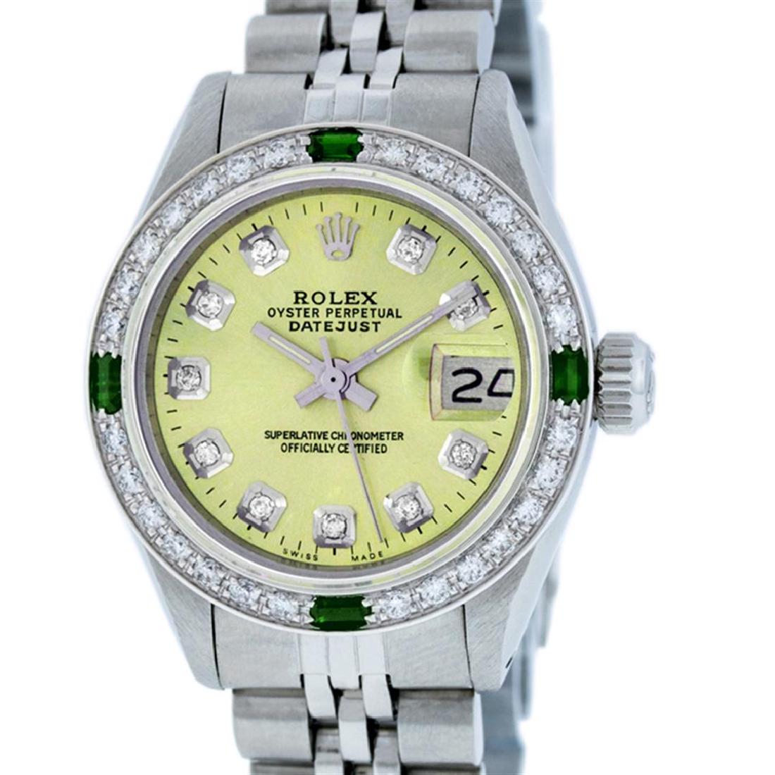 Rolex Ladies Stainless Steel Yellow Diamond & Emerald: One Ladies Stainless Steel Rolex Datejust Polished Bright with Satin Finish, Serviced & Electronically Tested, Stainless Steel Case: 26mm, Stainless Steel Crown, Custom Bezel: New 18K White Gold Emera