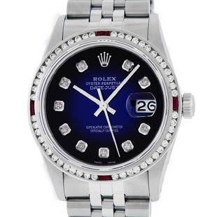 Rolex Mens SS Blue Vignette Diamond & Ruby Channel Set: One Mens Stainless Steel Rolex Datejust Polished Bright with Satin Finish, This Watch Has Been Serviced & Electronically Tested, Stainless Steel Case: 36mm, Stainless Steel Crown, Custom Bezel: New 18