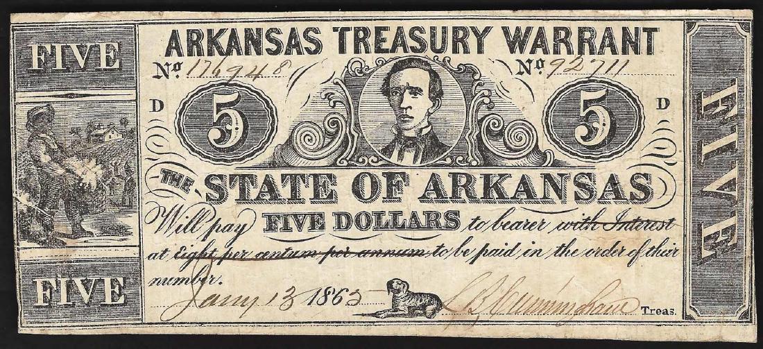 1862 5 State of Arkansas Treasury Warrant Note