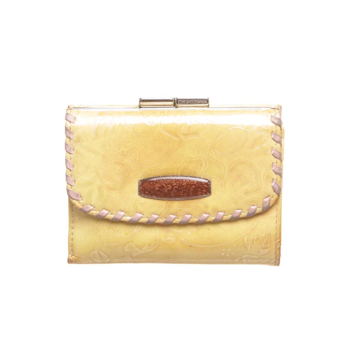 Pinky & Dianne Yellow Metallic Floral Print Patent: Crafted out of yellow metallic floral print patent leather, light pink leather trim, back coin pocket, and snap closure front. Inner light pink leather lining, eight card slots, and dual bill pockets.
