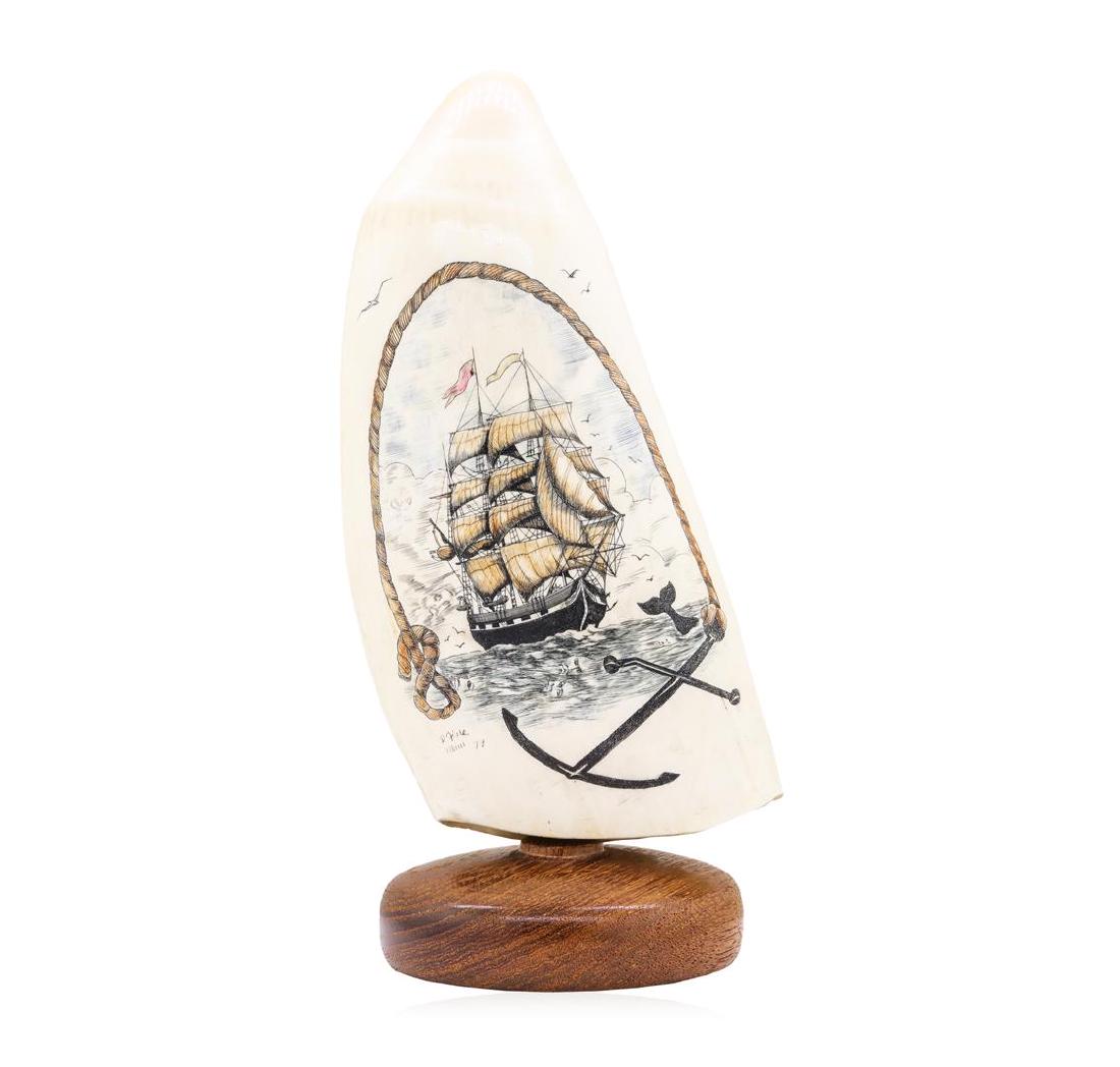 Whale Tooth Scrimshaw by Doug Fine: Beautiful Color Scrimshaw Whale Tooth by Famous Maui Artist Doug Fine, signed original. Measures approximately 7 inches across and 3 inches tall.