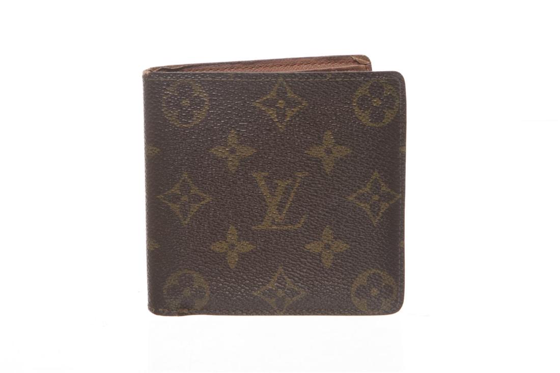 Louis Vuitton Canvas Leather Monogram Macro Bifold: Brown and tan monogram coated canvas Louis Vuitton Marco bifold wallet with gold-tone hardware, dual cash slots, four card slots, single slip pocket and fold-over closure.