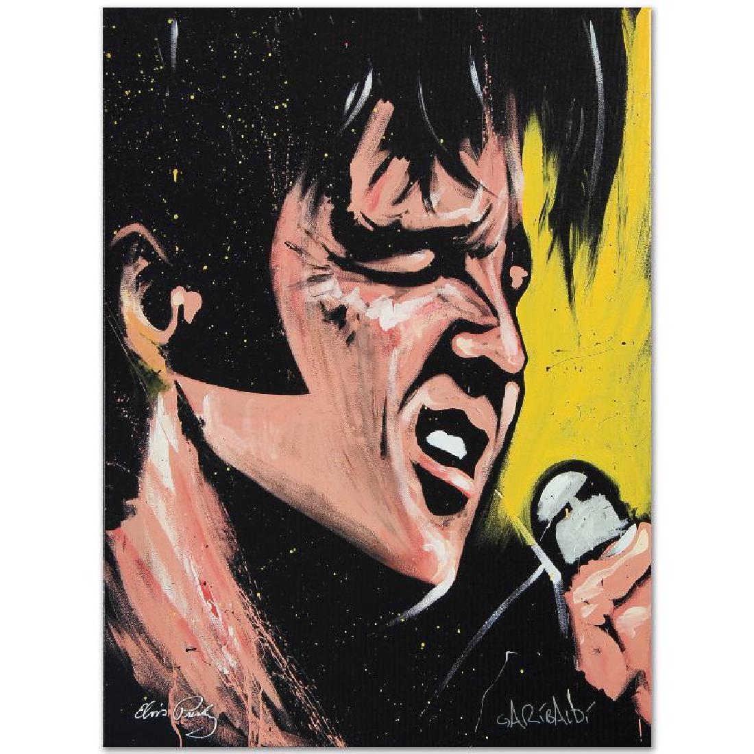 Elvis Presley (68 Special) by Garibaldi, David: Combining his passions for music and art, David Garibaldi creates stunning visual poetry. "Elvis Presley (68 Special))" is a limited edition giclee on stretched canvas, numbered and bearing the artist