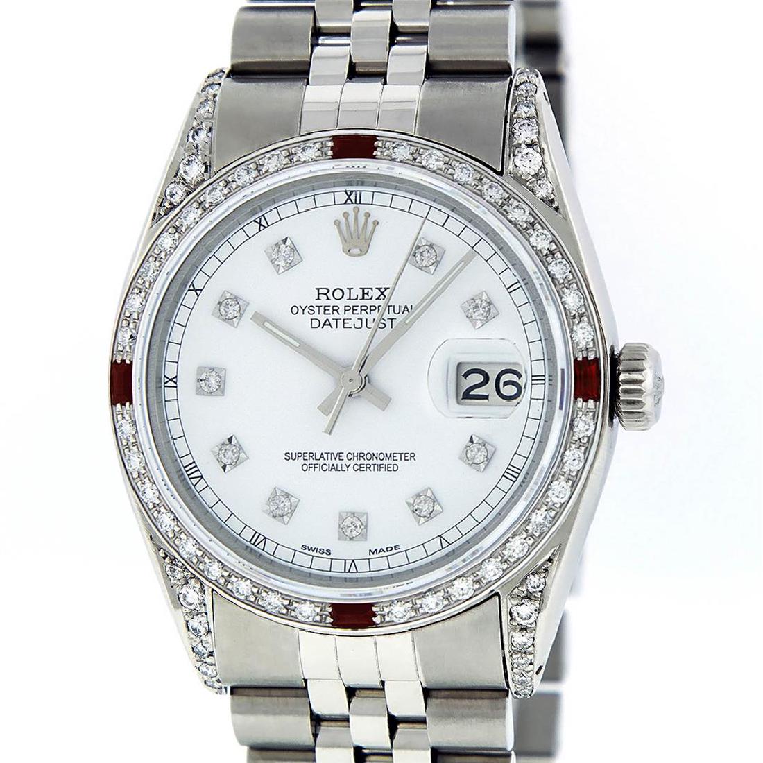 Rolex Mens Stainless Steel Diamond Lugs & Ruby Datejust: One Mens Rolex Datejust Polished Bright with Satin Finish, Serviced & Electronically Tested, Stainless Steel Case: 36mm, Custom Diamond Lugs: 28 Diamonds In Lugs, Color: G to H, Clarity: SI-VS. Stainl