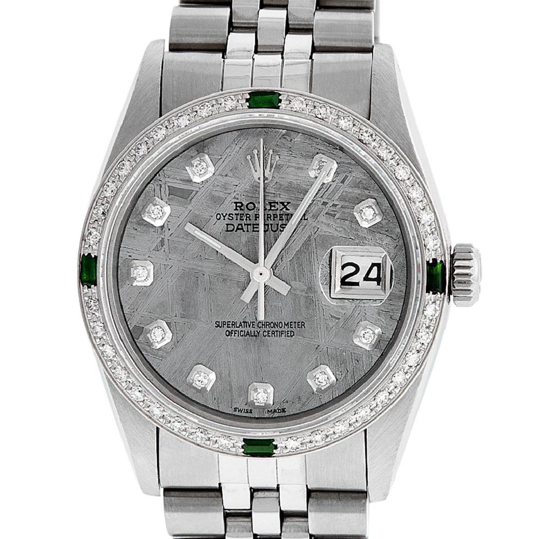 Rolex Mens Stainless Steel Meteorite Diamond And: One Mens Stainless Steel Rolex Datejust Polished, Serviced & Electronically Tested, Stainless Steel Case: 36mm, Stainless Steel Crown, Custom Bezel: New 18K White Gold Emerald Beadset Diamond Bezel, D