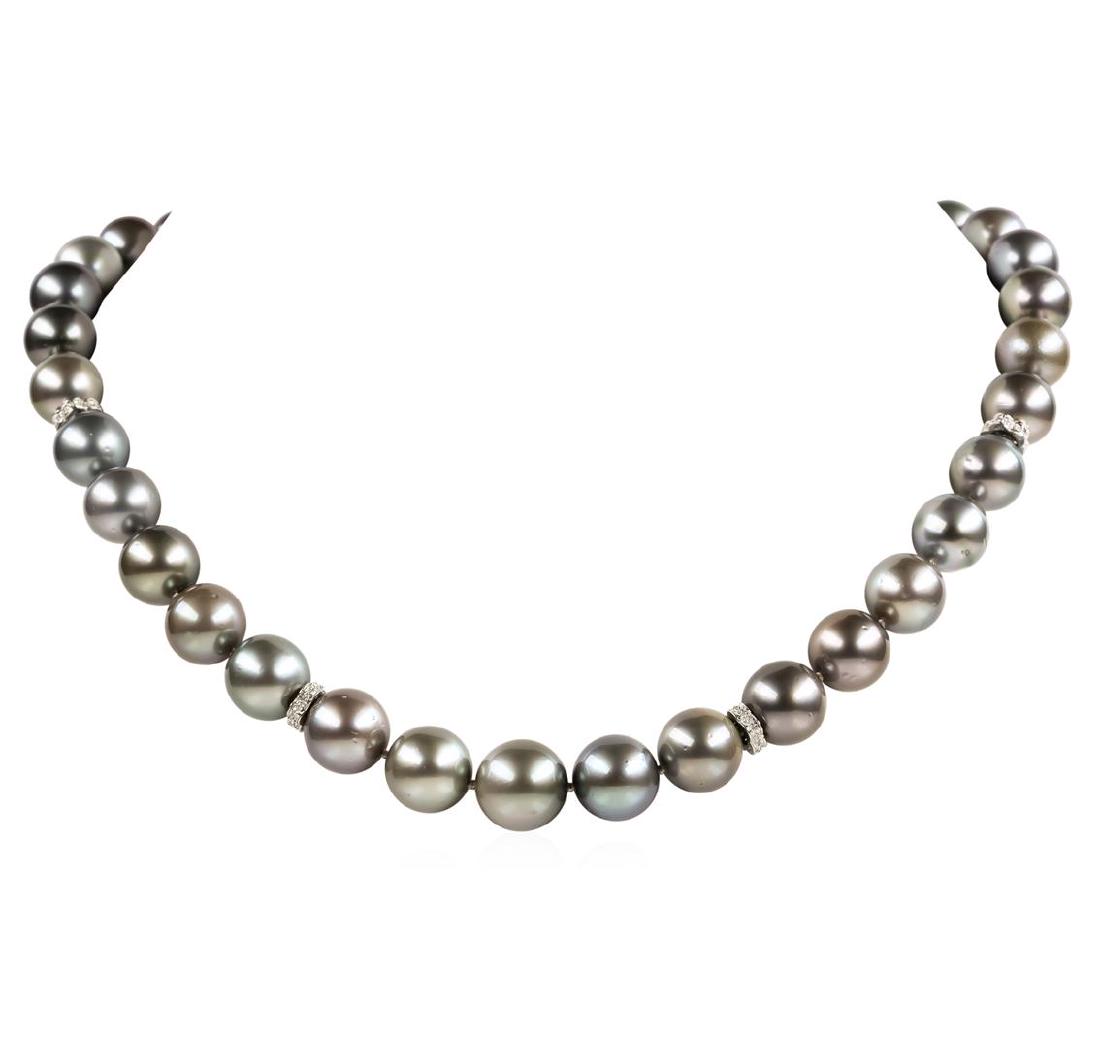 Pearl and Diamond Necklace: One graduated single strand pearl necklace 18.5' princess length, knotted with a tongue clasp & foldover safety containing 35 Tahitian pearls, 13.5mm to 11.0mm in size. The pearls are silver in color,