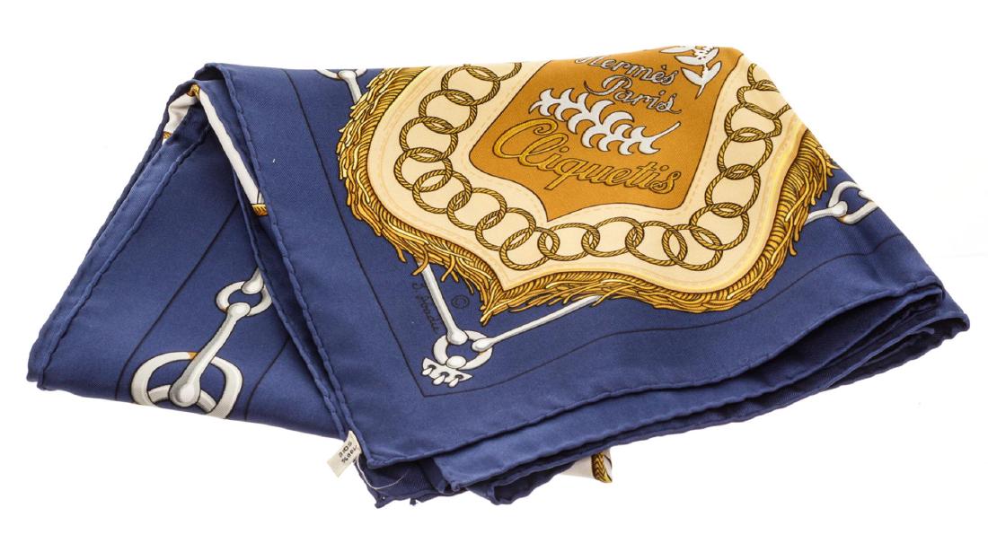 Hermes Blue Gold White Cliquetis Julia Abadie Silk: Hermes blue gold white Cliquetis Julia Abadie Silk Scarf 90, hand rolled edges.